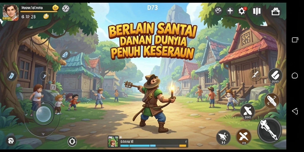 Screenshot utama D73 menampilkan karakter lucu yang sedang menyelesaikan tantangan.