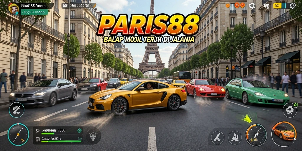 Tampilan menawan dari jalur balapan di Paris dengan mobil yang melaju kencang.