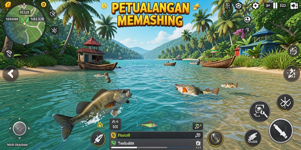 Gameplay memancing seru dengan beragam ikan dan lokasi menarik.